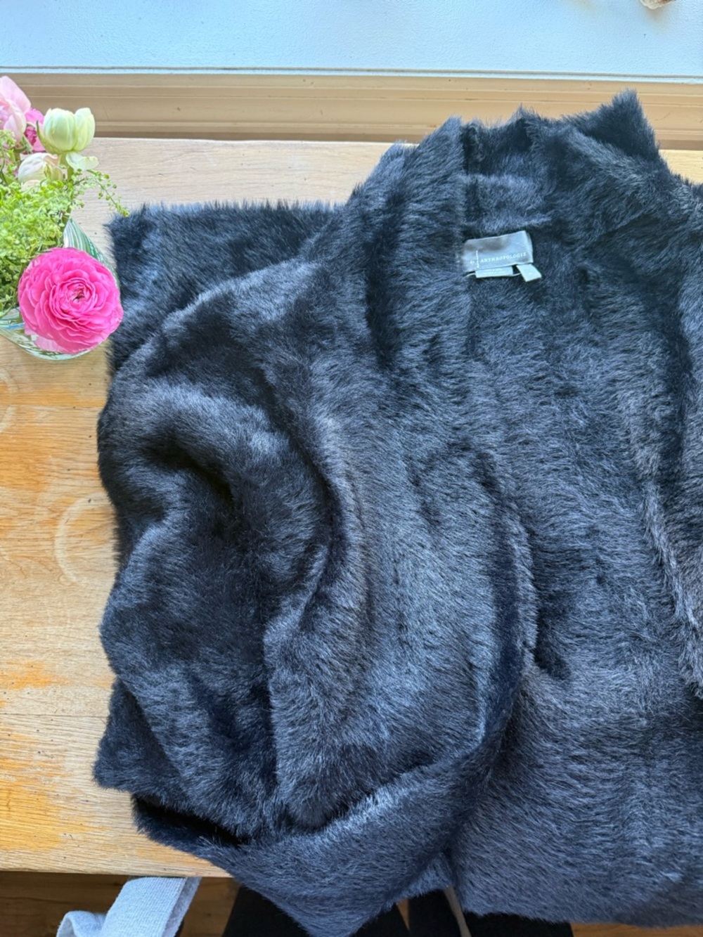 Anthropologie Black Plush Faux Fur cardigan jacket